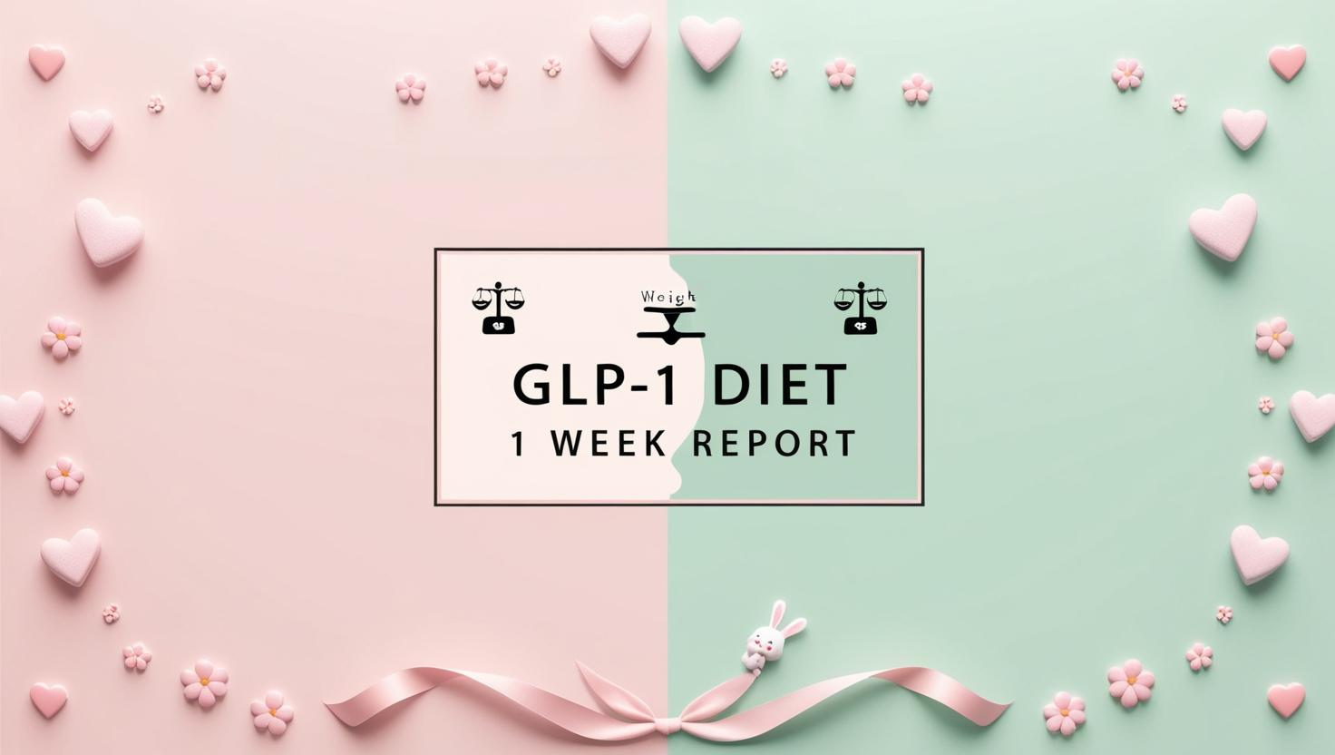 GLP-1ダイエット1週間レポートを表現した可愛いパステルカラーのデザイン。ハートと花モチーフにリボンとうさぎのキャラクターが添えられ、優しい雰囲気が伝わる。